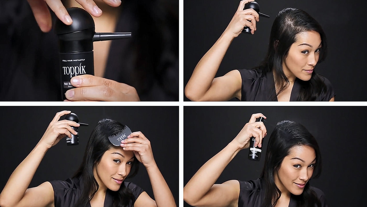 toppik zahusťovač vlasové vlákna - žena  používa toppik na zahustenie vlasov
